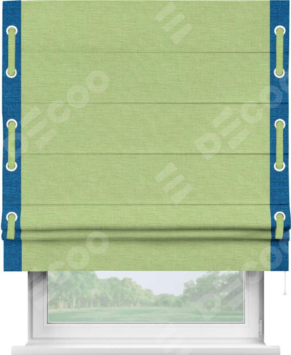 Римская штора «Кортин» с кантом Стрим Дуо (люверсы с пояском), для проема, ткань лён зеленый