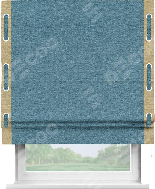 Римская штора «Кортин» с кантом Стрим Дуо (люверсы с пояском), для проема, ткань лён голубой